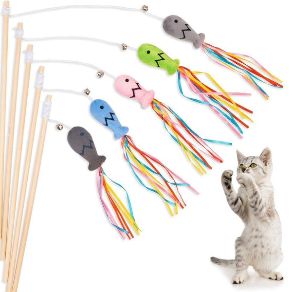 Cat Wand Toys, Interactive Cat Toys with Catnip Fish, Colorful Ribbons & Bell for Kitty Kitten, Cat Toys for Indoor Cats Cat Teaser Cat String Toy Ca