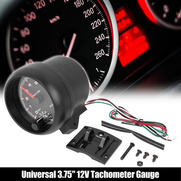 Car 0-8000 RPM White LED Backlit Tachometer Gauge Meter Kit Matte Black Universal with Red Shift Light
