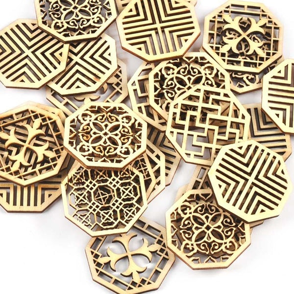 Lot de 10 pièces de dentelle creuse hexagonale mixte de 4cm, artisanat en bois, bricolage, scrapbooking, ornements, fournitures faites à la main, tra