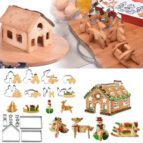 Gingerbread House Kit,8-10-18pcs 3D Stainless Steel Cookie Mold Cutters Set for Christmas Halloween Holiday Thanksgiving Festival,Gingerbread House D