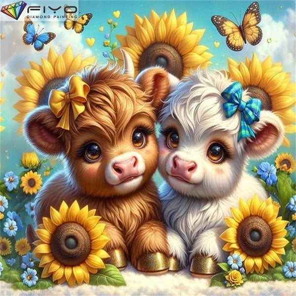 FIYO Two Calves DIY 5D Diamond Painting Full Drill with Number Kits Home and Kitchen Fashion Mosaic Diamond Painting Canvas Wall Decoration Gift Craf