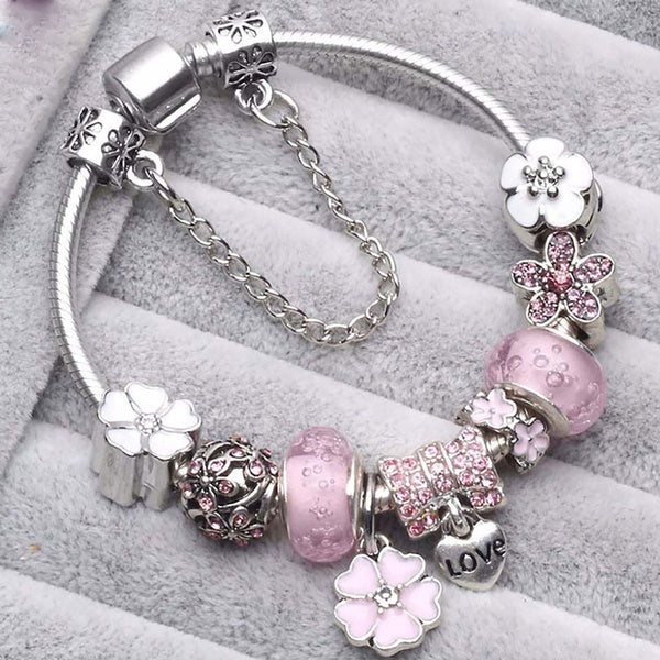 Handmade Diy Beads & Jewelry Making 925 Sterling Silver Charms Pendants for Necklaces Bracelet Pink Cherry Flower Beaded European Charms Silver Beads
