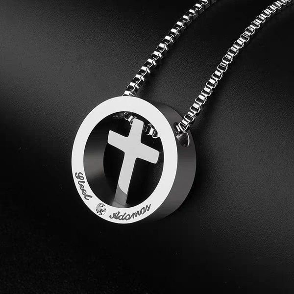 Fashion Trendy Engraved Letter Cross Round Pendant Titanium Steel Personalized Necklace Inaly Crystal CZ Stone For Men Boy Jewelry 550cm Box Chain