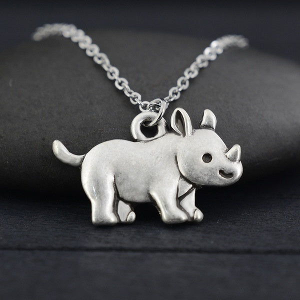 New Fashion Vintage Silver Stainless Steel Chain Cute Rhino Pendant & Necklaces Colar Boho Animal Charms Pendants Necklace For Women Men Love Jewelry