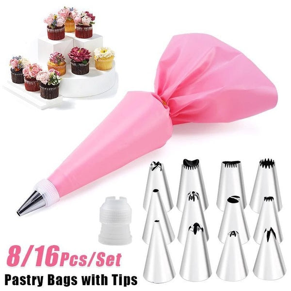 Cake Decorating Equipment 8-16 Pieces Icing Decoration Kit Piping Nozzle + Silicone Pastry Bags Tool Piping Cream Stainless Steel Nozzles Decorator P