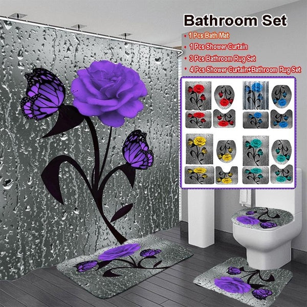 3D Rose Flowers Butterfly Bathroom Decor Waterproof Shower Curtain Mats Rugs Set Non-Slip Bathroom Carpets Toilet Lid Cover Floor Mats(5 Colors 4-3-1
