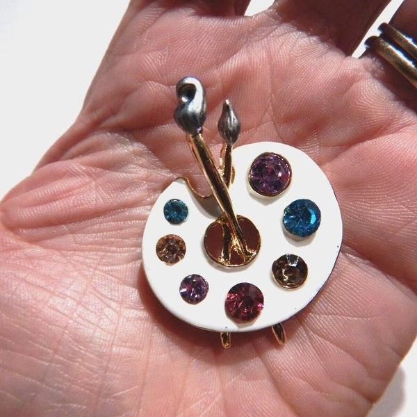 ARTISTES PALLETTE & PINCEAU BROCHE ou PENDENTIF Crystal Paints Teacher Painter Pin