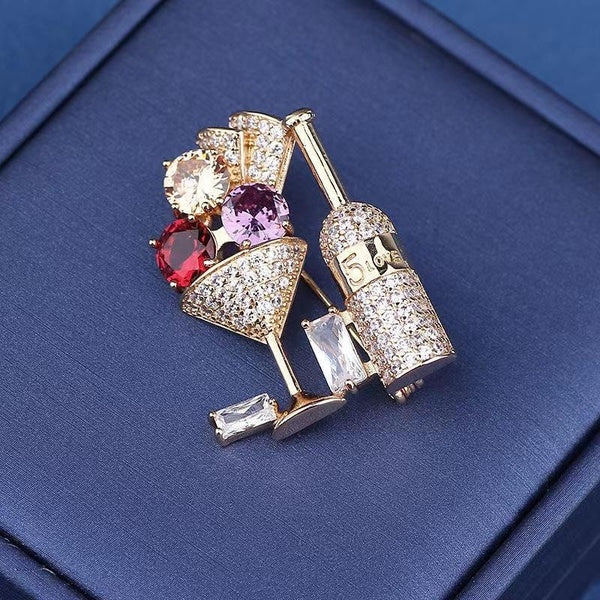 Creative Cocktail Glass Micro-inlaid Zircon Brooch Fashion Temperament Corsage Pin Trend Accessories Brooch Matron Inn