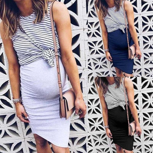 2022 Women Pregnant New Fashion One Piece Stripe Printed Irregular Hem Dress Summer Sleeveless Casual Fitness Maternity Dress