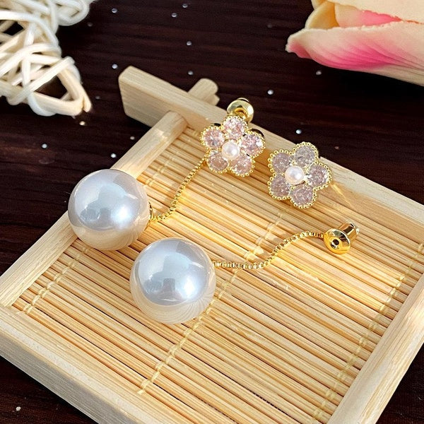 Boucles d'oreilles pendantes en forme de fleur en zircone cubique CZ de luxe exquises, boucles d'oreilles en imitation de perles d'aiguille en argent