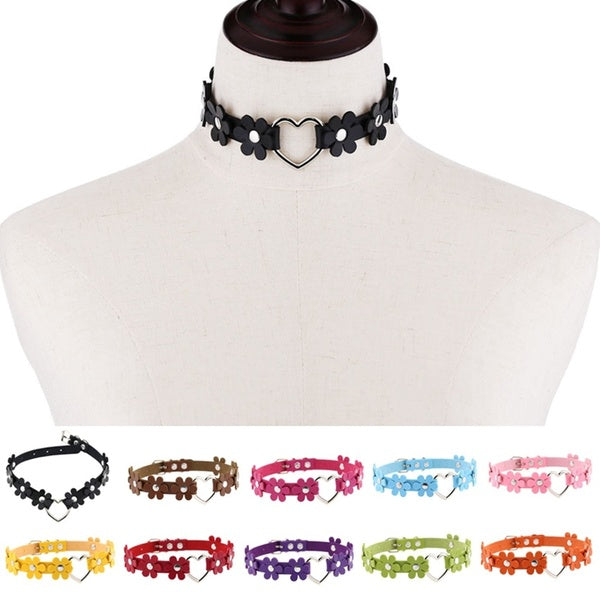 Punk Harajuku Peach Heart Collar PU Leather Choker Necklace Flowers Choker Neck Strap Gothic NightClub Goth Belt Adjustable Buckle Neck Accessories