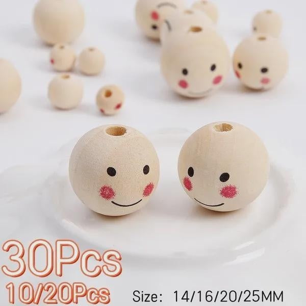 10-20-30Pcs Wood Round Beads, Wood Color Smiling Face Round Wood Beads, Wooden Beads, Loose Beads, DIY Jewelry Accessories Matron Inn