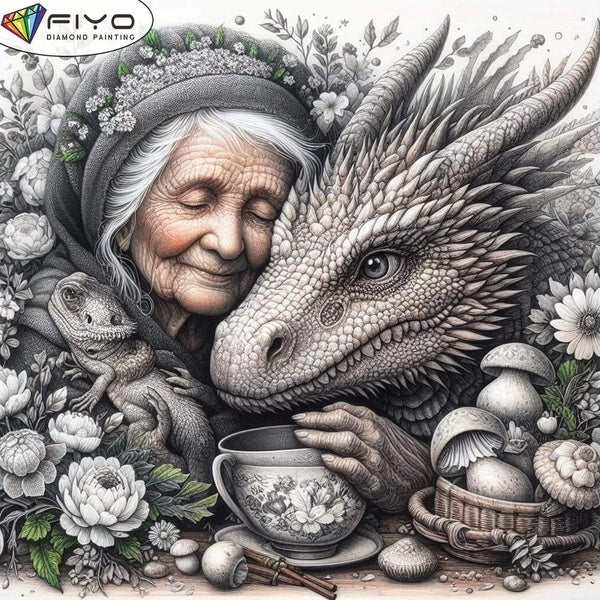 FIYO DIY 5D Grandma and the Dragon Diamond Painting Full Drill with Number Kits Home and Kitchen Fashion Mosaic Diamond Painting Canvas Wall Decorati
