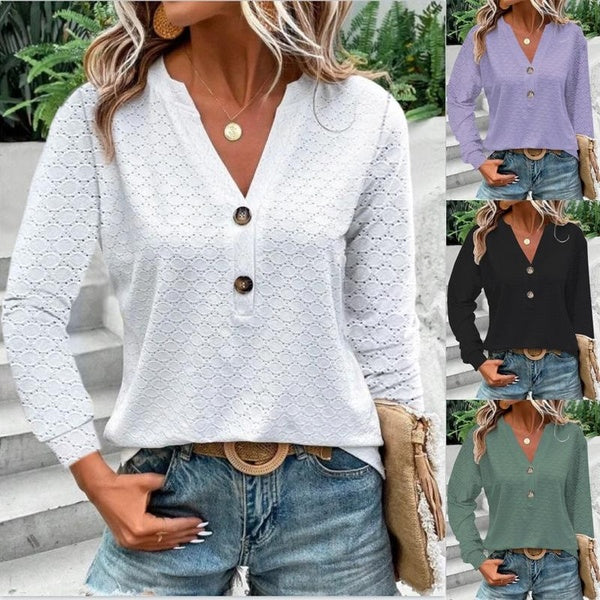 Fashion Casual V-neck Long Sleeve Blouses for Ladies Autumn Winter Button T-shirts Loose Tops Plus Size Shirts