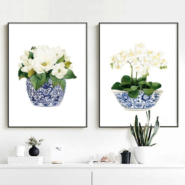 White Orchid & Magnolia Watercolor Painting Chinoiserie Decor Canvas Print Oriental Vase Blue White Willow Style Poster Porcelain Flower Jar Pictures