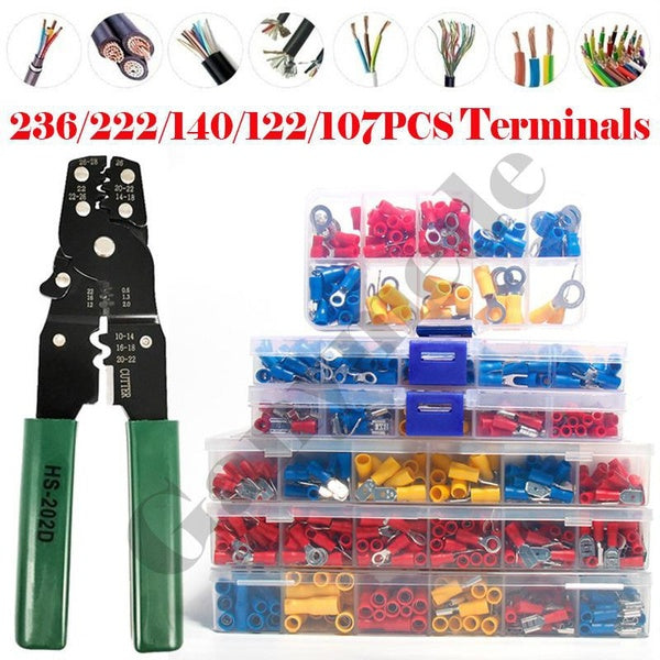 236-222-140-122-107PCS Assorted Wire Crimp Terminals Electrical Wire Connectors Kit with HS-202D Multi-Function Crimping Plier