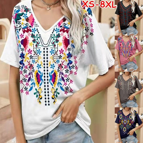 XS-8XL NEW Summer Clothes Women's Fashion Casual V-neck Short Sleeved Tops Ladies Floral Printed Blouses Bohemia Loose T-shirts Plus Size Cotton Shir