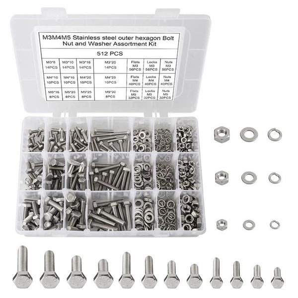 512Pcs Metric Bolts Assortment Kit,M3 M4 M5 Flat Hex Head Screws Bolts and Nuts Kit,304 Stainless Steel Bolts Nuts and Lock Flat Washers Assort