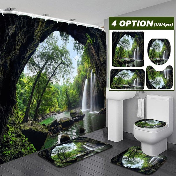 3D Green Forest Waterfall Shower Curtain Bathroomroom Set Waterproof Shower Curtain with 12 Hooks, Non Slip Toilet Mat,Bath Rug Set, Door Mat 1-3-4P