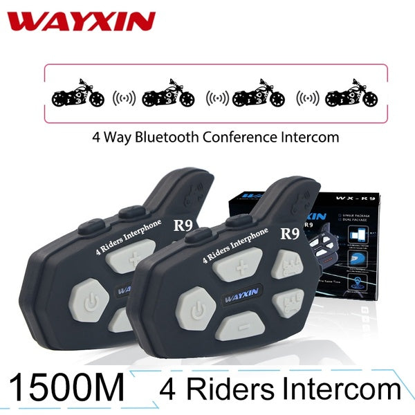 R9 WAYXIN 4 Riders Intercom Motorcycle Bluetooth Helmet Headsets BT moto intercomunicador with FM radio 1500M 2PCS