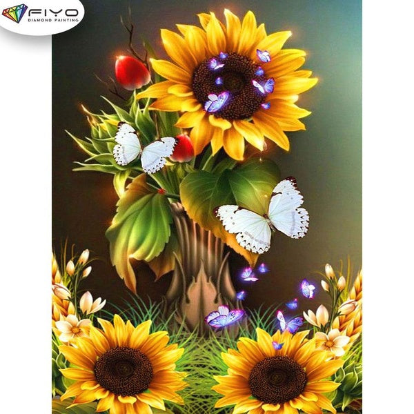 FIYO Sunflower and Butterfly Diamond Painting Kits For Adults DIY 5D Diamond Mosaic Diamond Painting Home and Kitchen Fashion Canvas Pictures Wall De