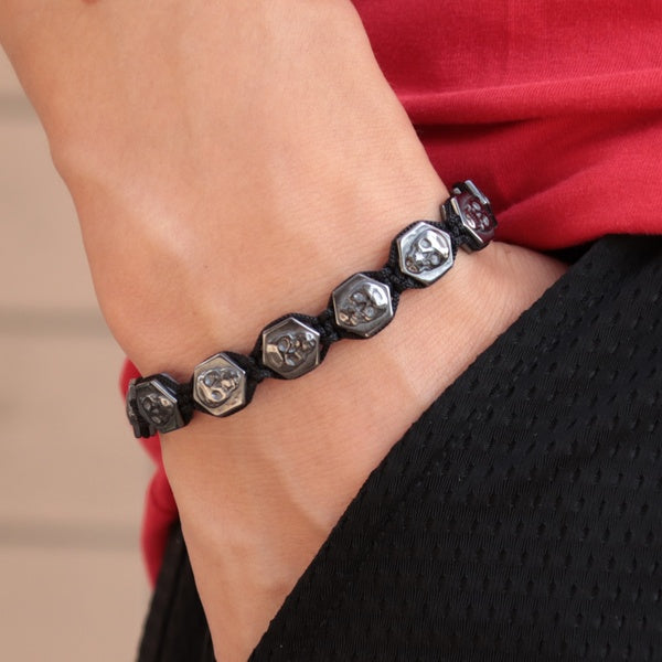 Fashion Hand Braided Hematite Bracelet Charms Skull Square Braslet For Men Armband Party Jewelry Homme bileklik