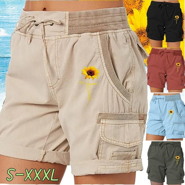 Fashion Sunflower Printed Women Shorts Harajuku Trending Activewear Streetwear Cargo Shorts Comfot Casual Loose Bermuda Shorts Beach Pants Plus Size