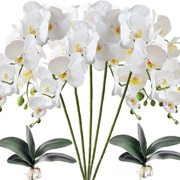 5 Pcs Artificial Phalaenopsis Flowers and 2 Bundles Leaves,Artificial Orchid Flowers with 2 Bundles Leaves Stem Plants for Home Wedding Decoration