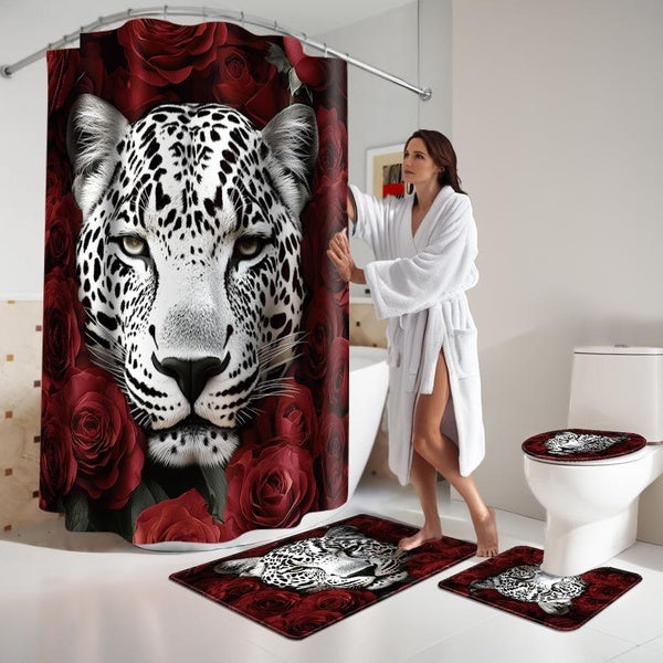 1pc-3pcs-4pcs Rose Leopard Animal Print Waterproof Shower Curtain Non-slip Bath Mat Toilet Seat Cover Mat Pedestal Rug Bathroom Set Decoration Home D