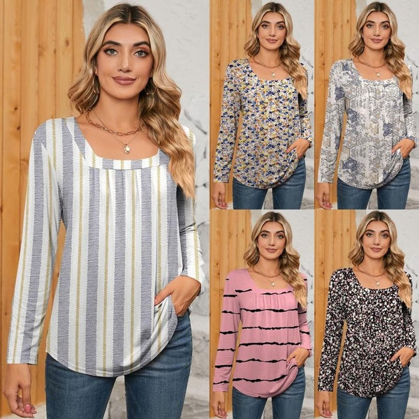 Women's Fashion Casual Square Neck Long Sleeve T-shirts Ladies Floral Print Blouses Stripes Loose T-shirts Female Tops