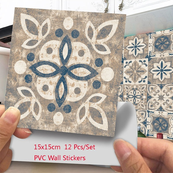 12Pcs Tile Stickers 15x15cm Vinyl Self-adhesive Waterproof Removable Kitchen Backsplash Decals Bathroom Living Room Wall Sticker