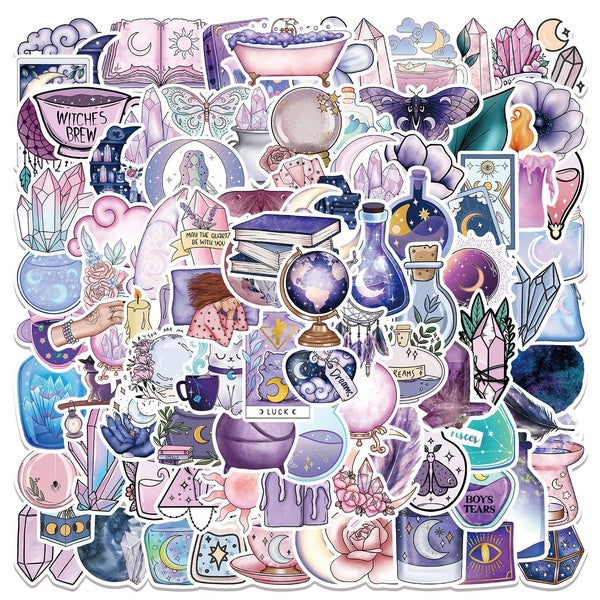 10-50-100Pcs Purple Magic Moon Stickers Witch Magic Crystal Grimoire Graffiti Stickers for DIY Luggage Laptop Skateboard Motorcycle Bicycle Stickers