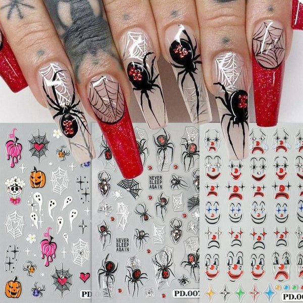5D Halloween Nail Sticker Red Spider Clown Pumpkin Ghost Cartoon Nail Art Decals DIY Cute Self Adhesive Manicure Accessories