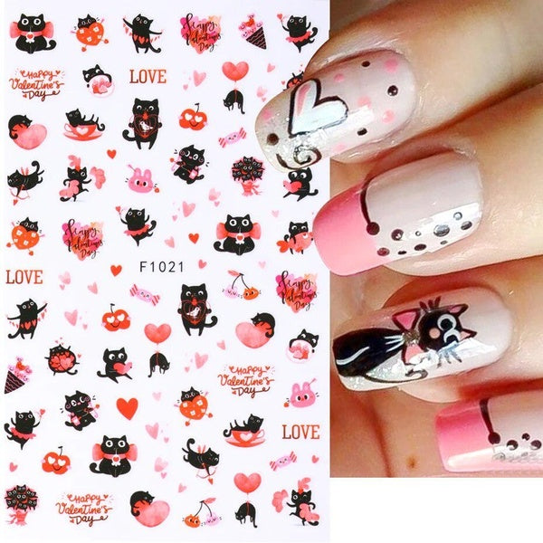 Black Cat Love Heart Stickers for Nails Cute Bear Cartoon Nail Art 3D Sliders Rose Lover Hands Valentine Manicure Decals Decor