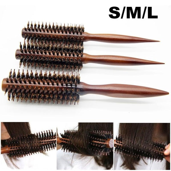 Straight lines Boar Bristle Round Hair Brush With Wooden Handle, Blow Dryer & Curling Roll Styling Hairbrush Antistatic Round Brush