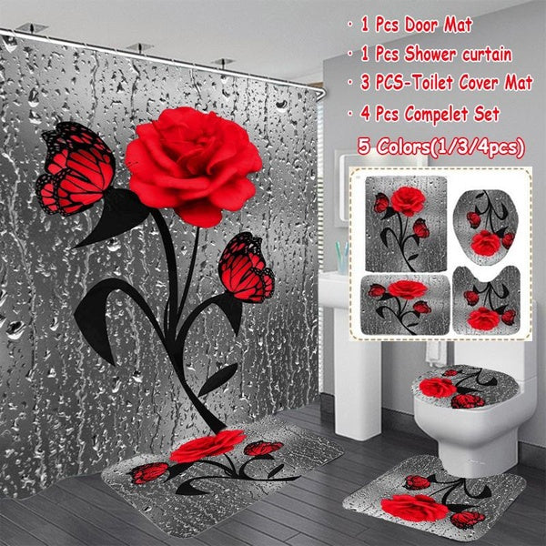 3D Red Butterfly Rose Flowers Bathroom Shower Curtain Set Waterproof Shower Curtain Non-Slip Bath Mats Toilet Lid Cover Carpet Bathroom Decor 4-3-1pc