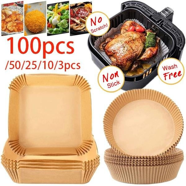100-50-25-10-3pcs Air Fryer Disposable Parchment Paper Liner Non-Stick Mat Oil Proof Absorber Kitchen Oven Baking Paper with Square and Round Shapes