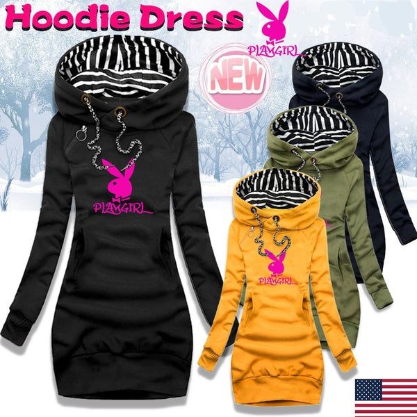 Trending Playgirl Printed Autumn and Winter Women Fashion Long Hoodie Slim Fit Dress Hoodie Dress Women Long Sleeve Sweater Dress