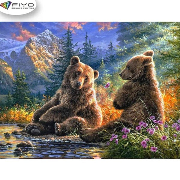 FIYO DIY 5D Bear Diamond Painting Full Drill with Number Kits Home and Kitchen Fashion Mosaic Diamond Painting Canvas Wall Decoration Gift Crafts for