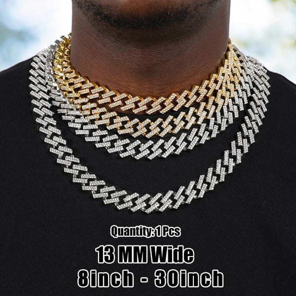 Cubain Lien Chaîne Collier Prong Lien Choker AAA + Strass 13 mm Largeur Collier pour Hommes Hip Hop Bijoux 8-30 Pouces (1 Pcs)