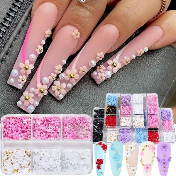 6Girds-box Acrylic Flower Crystal Nail Rhinestones White Pink Nail Art Decoration Set
