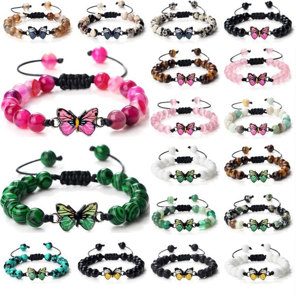 8mm Natural stone Beads Bracelets Blue Butterfly Pendant Adjustable Bracelets Lucky butterfly Pendant Charms Strand Bracelets For Women Female