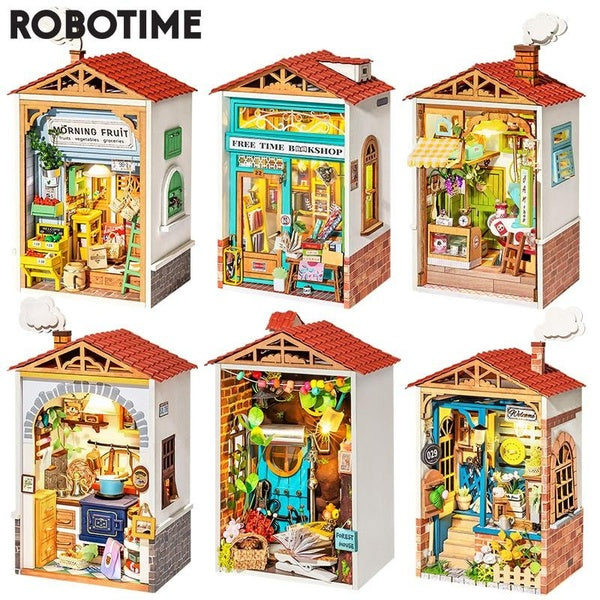 Robotime DIY Mini Town Doll House with Furniture Bookshop Children Adult Miniature Dollhouse Wooden Kitchen Kits Toy Gift DS