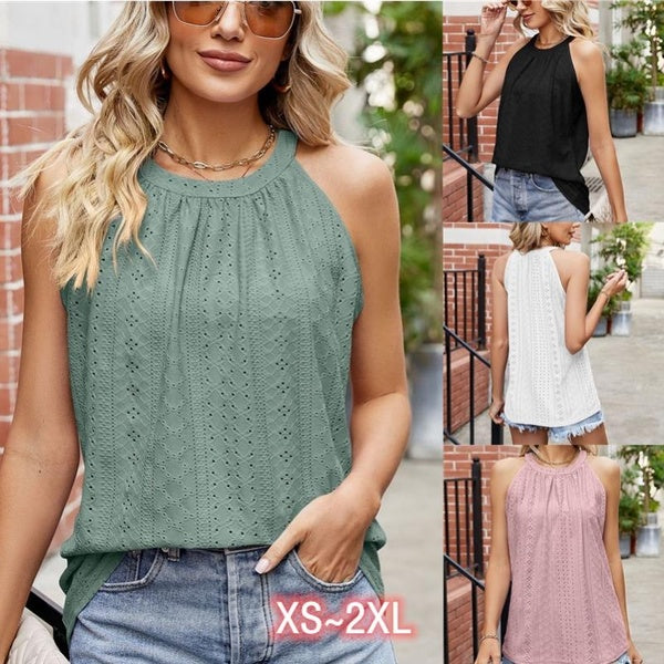 Women's Summer Loose Round Neck Ruffled Hollow Out Tank Top Sleeveless T-shirt for Women