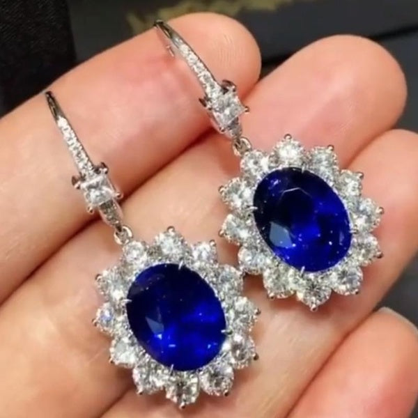 Boucles d'oreilles en pierres précieuses de mariée exquises, saphir bleu, boucles d'oreilles pendantes pour femmes, boucles d'oreilles de fiançailles
