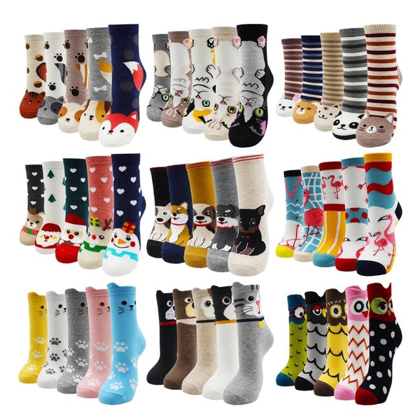 5 Pairs Fashion Colorful Kawaii Cute Cartoon Cotton Women Socks Harajuku Korean Cat Dog Owl Duck Fox Girl Socks