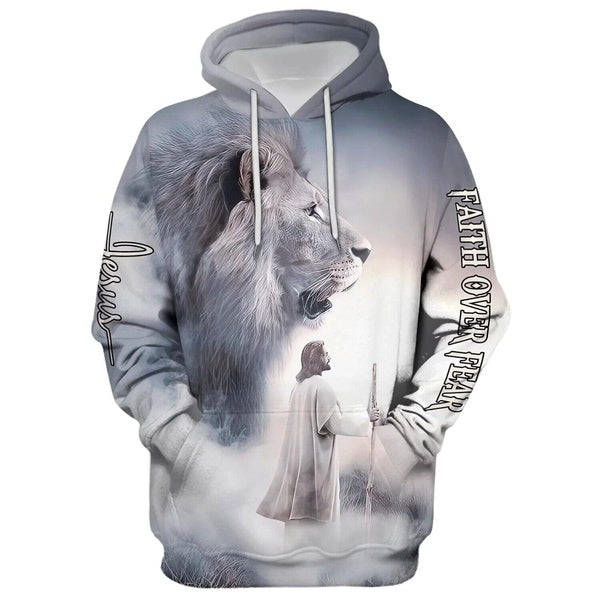 Christian Jesus Lion Faith Over Fear Hoodie All Orver Print Christian Hoodie