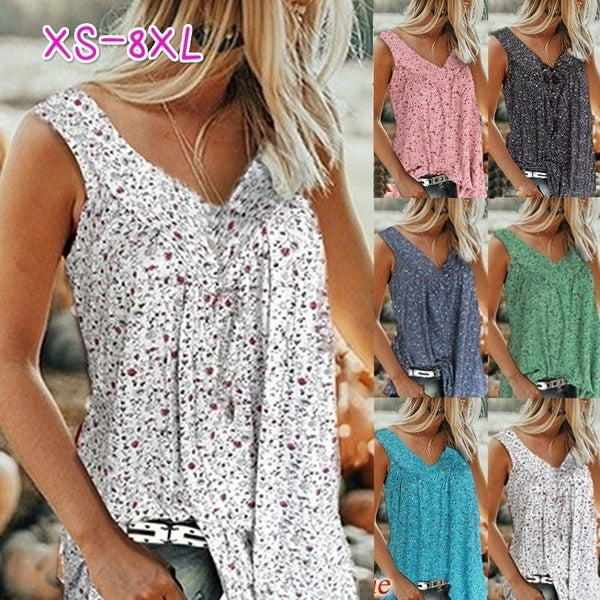 XS-8XL Plus La Taille Sans Manches Hauts D'été Vêtements De Mode Femmes Casual Floral Imprimé Blouses Dames Vêtements De Plage Chemises Plissées Déba