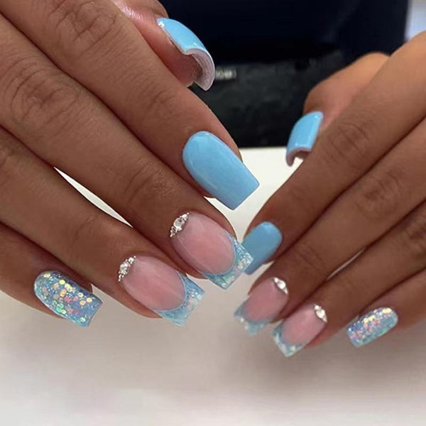 False Nails Medium Length Square False Nails French Blue Glitter Coffin False Nails with Rhinestone Detachable Ballet Press on Nails