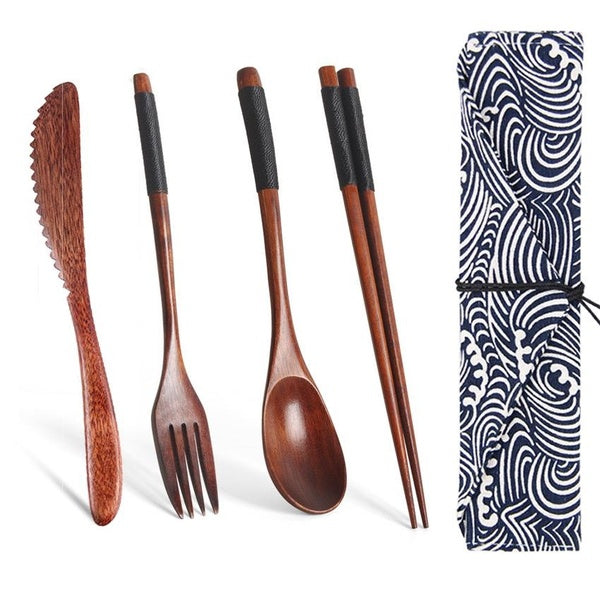 5PCS-Set Portable Wood Tableware Wooden Cutlery Sets Travel Dinnerware Suit Environmental with Cloth Pack Gifts Set